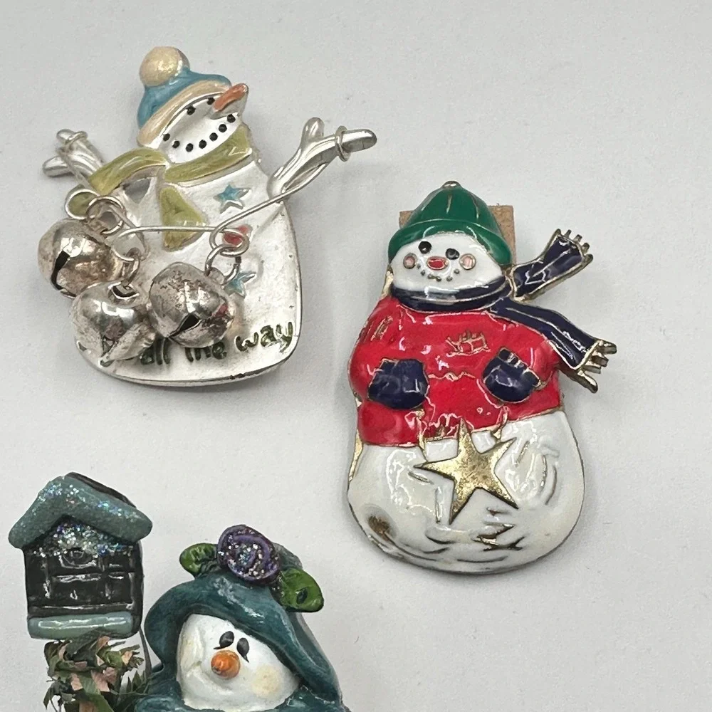 Vintage 90s Snowman Brooch Set Jingle‎ All The Way Bells Christmas Holiday Pins